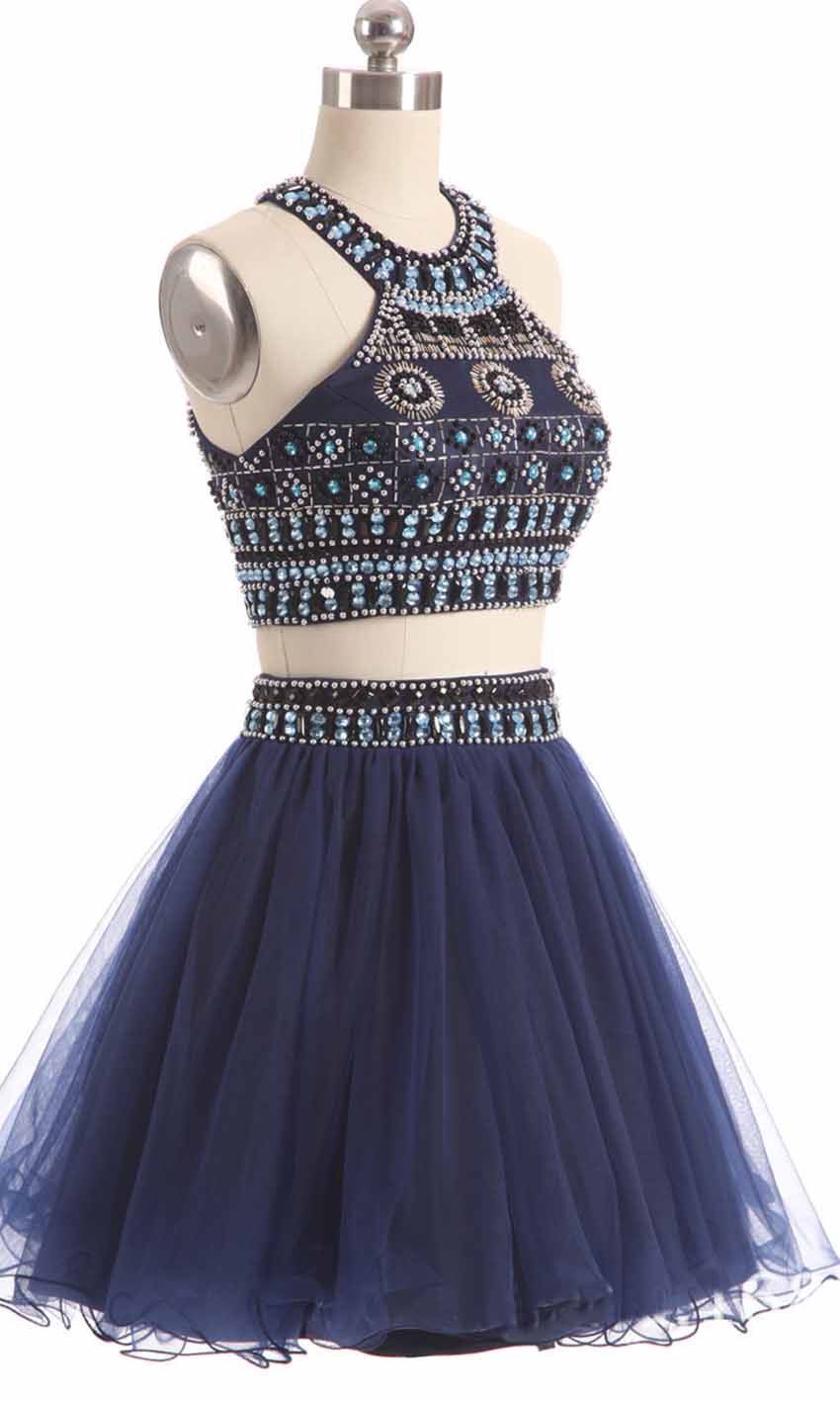 Patterned Beading Halter Straps Two-pieces Keyhole Short Blue Graduation Dresses P450 - promboutiqueonline