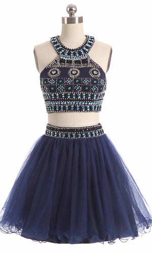 Patterned Beading Halter Straps Two-pieces Keyhole Short Blue Graduation Dresses P450 - promboutiqueonline