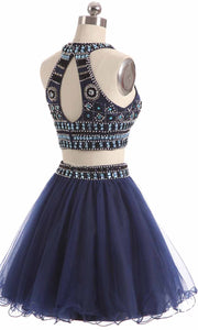 Patterned Beading Halter Straps Two-pieces Keyhole Short Blue Graduation Dresses P450