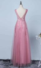 Load image into Gallery viewer, Grey Applique V-neck Long Lace Prom Dresses with Tank Straps P451