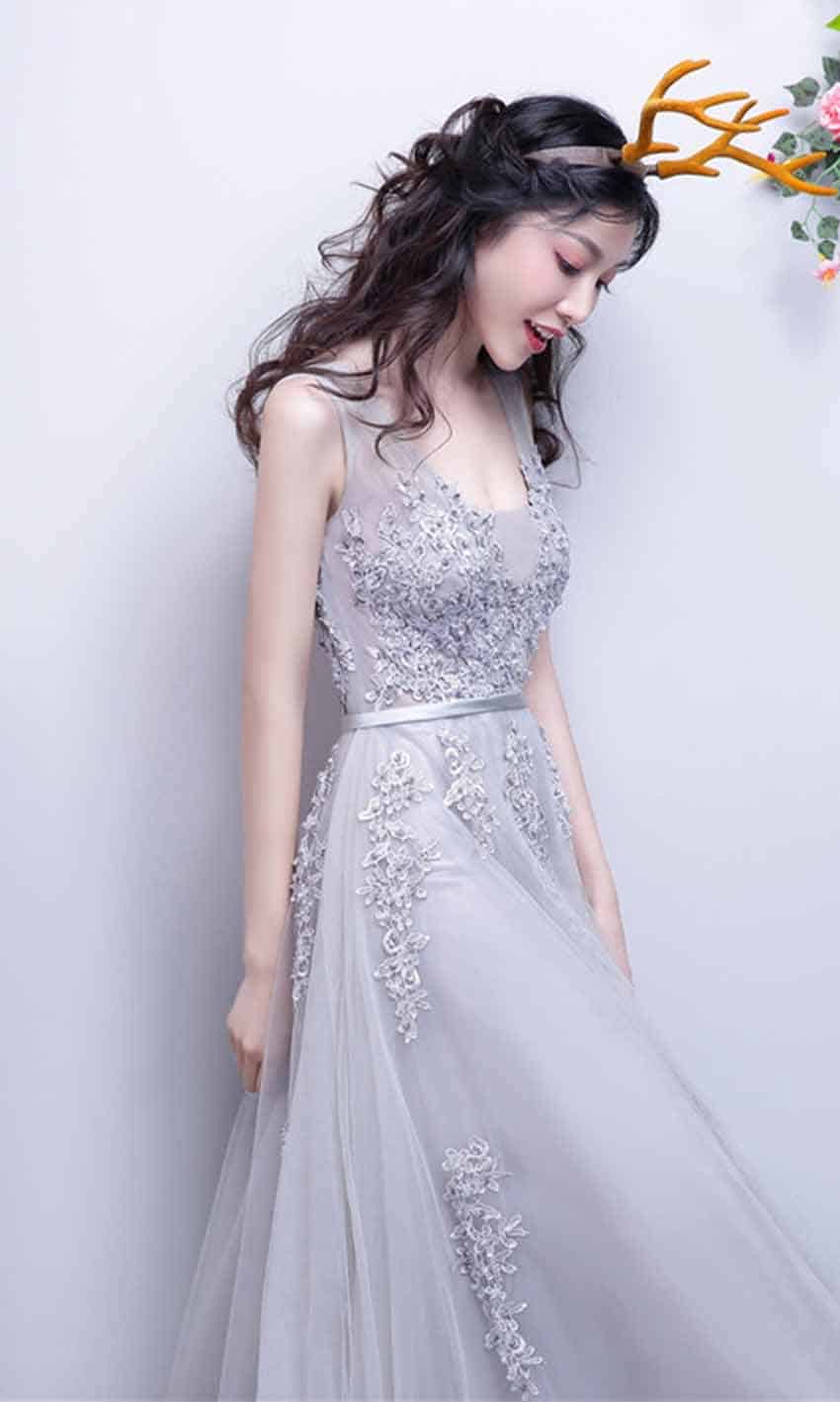 Grey Applique V-neck Long Lace Prom Dresses with Tank Straps P451 - promboutiqueonline