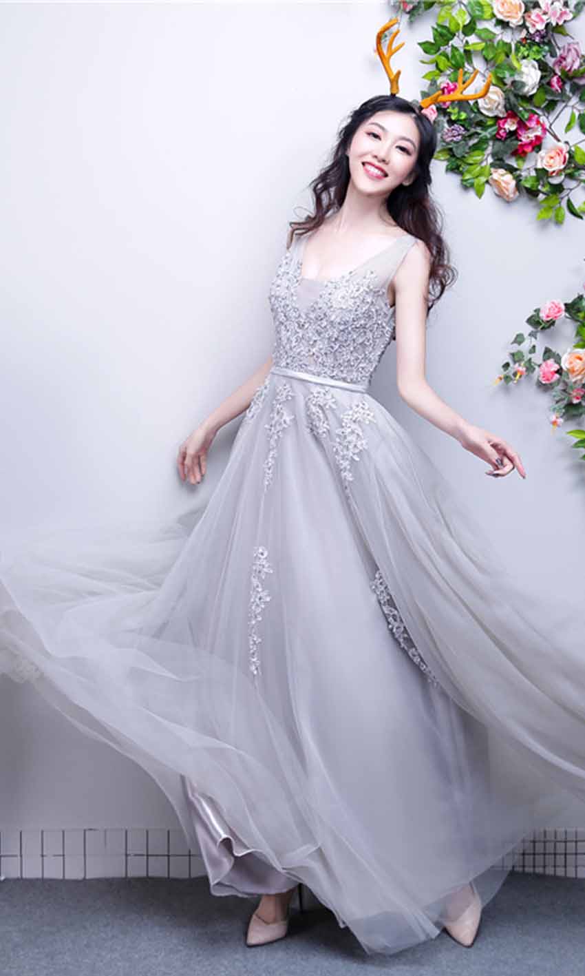 Grey Applique V-neck Long Lace Prom Dresses with Tank Straps P451 - promboutiqueonline
