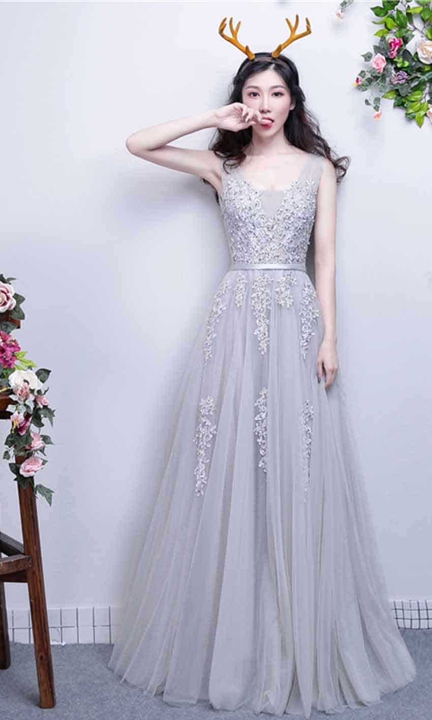 Grey Applique V-neck Long Lace Prom Dresses with Tank Straps P451 - promboutiqueonline