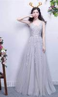 Grey Applique V-neck Long Lace Prom Dresses with Tank Straps P451 - promboutiqueonline