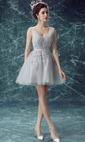 Grey Applique V-neck Short Prom Dresses with Lace Up Back P452 - promboutiqueonline