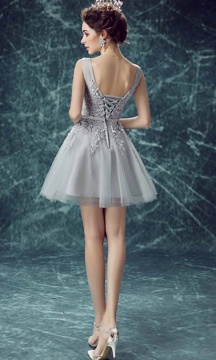 Grey Applique V-neck Short Prom Dresses with Lace Up Back P452 - promboutiqueonline