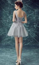 Load image into Gallery viewer, Grey Applique V-neck Short Prom Dresses with Lace Up Back P452