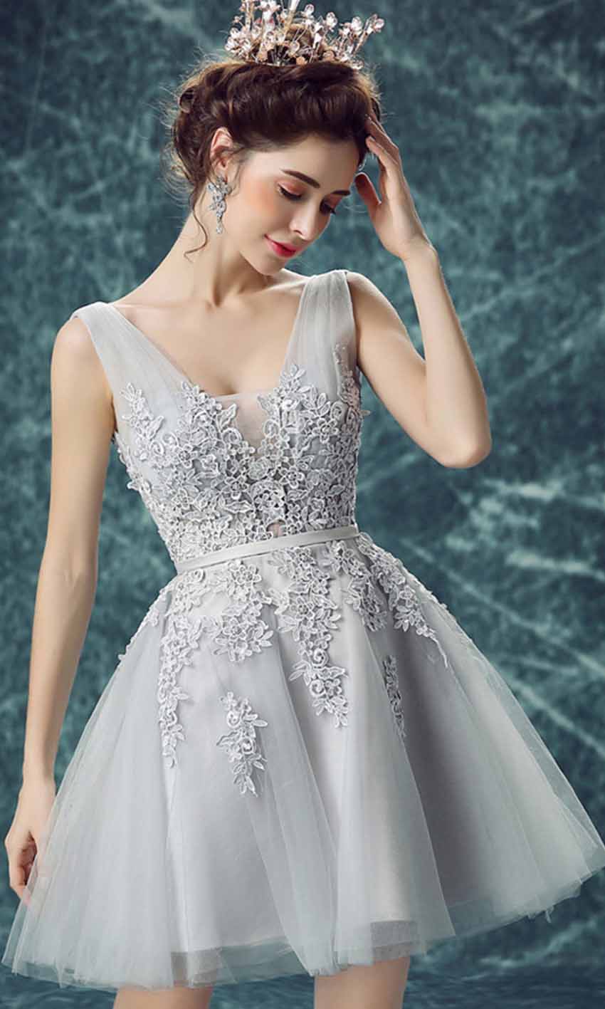 Grey Applique V-neck Short Prom Dresses with Lace Up Back P452 - promboutiqueonline
