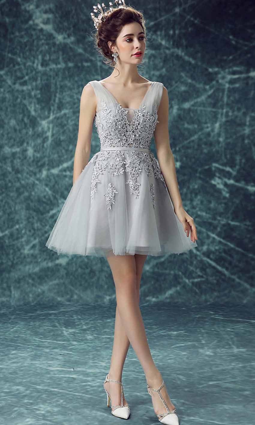 Grey Applique V-neck Short Prom Dresses with Lace Up Back P452