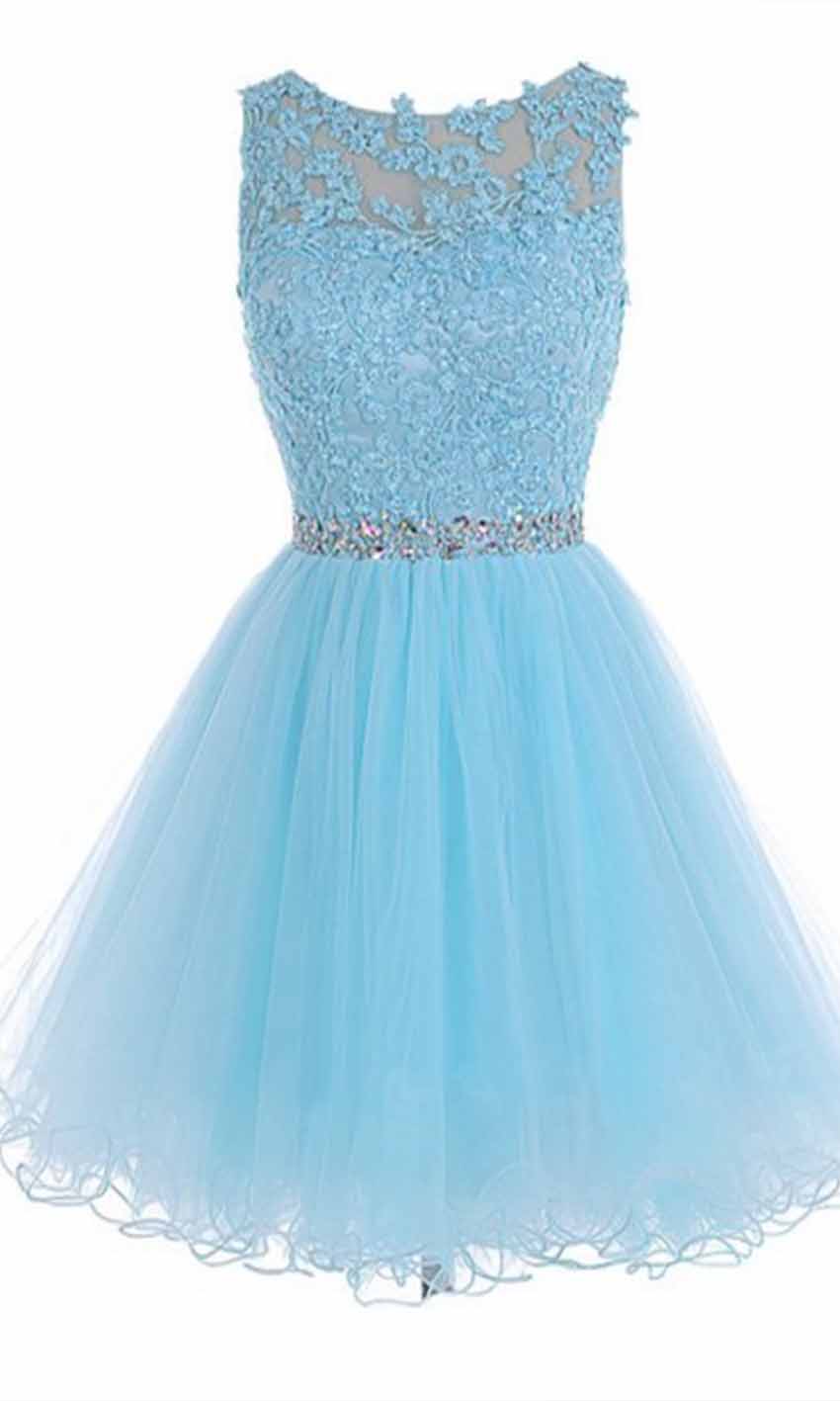 High Illusion Short Blue Embroidery Lace Prom Dresses - promboutiqueonline