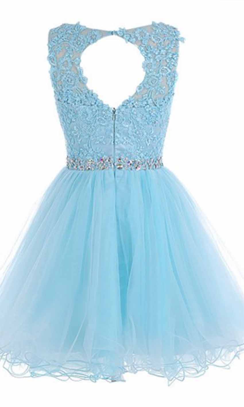 High Illusion Short Blue Embroidery Lace Prom Dresses - promboutiqueonline