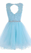 Load image into Gallery viewer, High Illusion Short Blue Embroidery Lace Prom Dresses