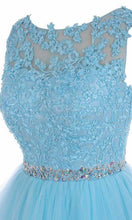 Load image into Gallery viewer, High Illusion Short Blue Embroidery Lace Prom Dresses