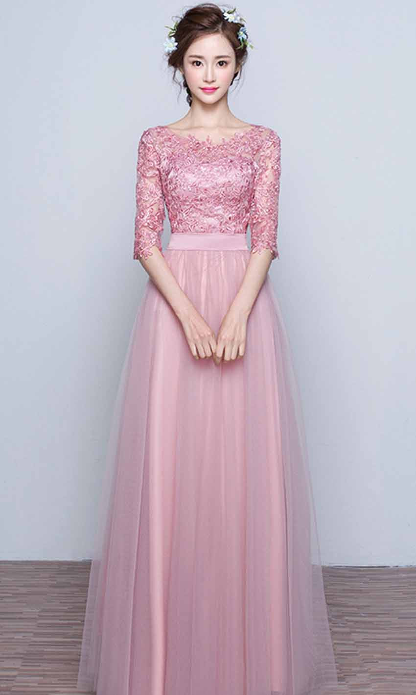 Pink Applique Bateau Half Sleeves Prom Dresses Long P473 - promboutiqueonline