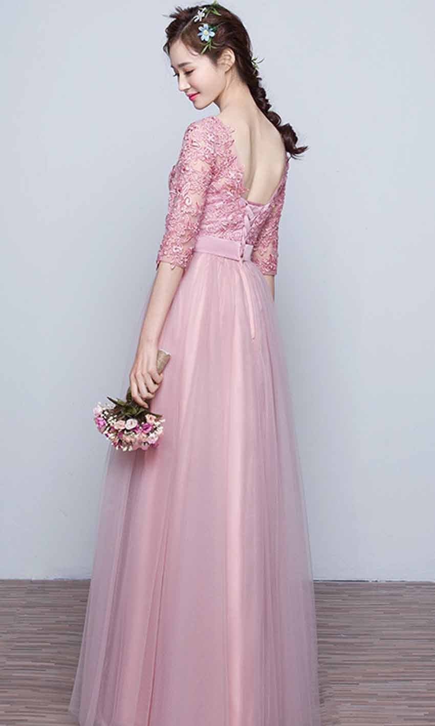 Pink Applique Bateau Half Sleeves Prom Dresses Long P473 - promboutiqueonline