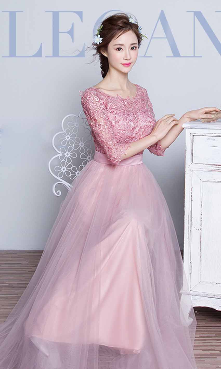 Pink Applique Bateau Half Sleeves Prom Dresses Long P473 - promboutiqueonline
