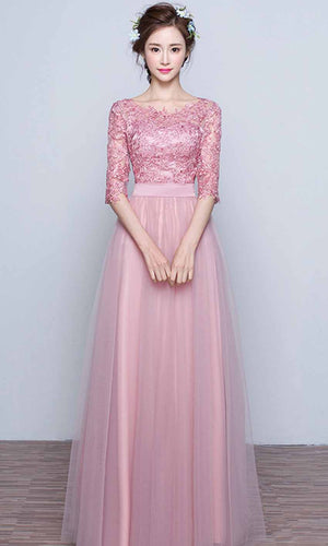 Pink Applique Bateau Half Sleeves Prom Dresses Long P473