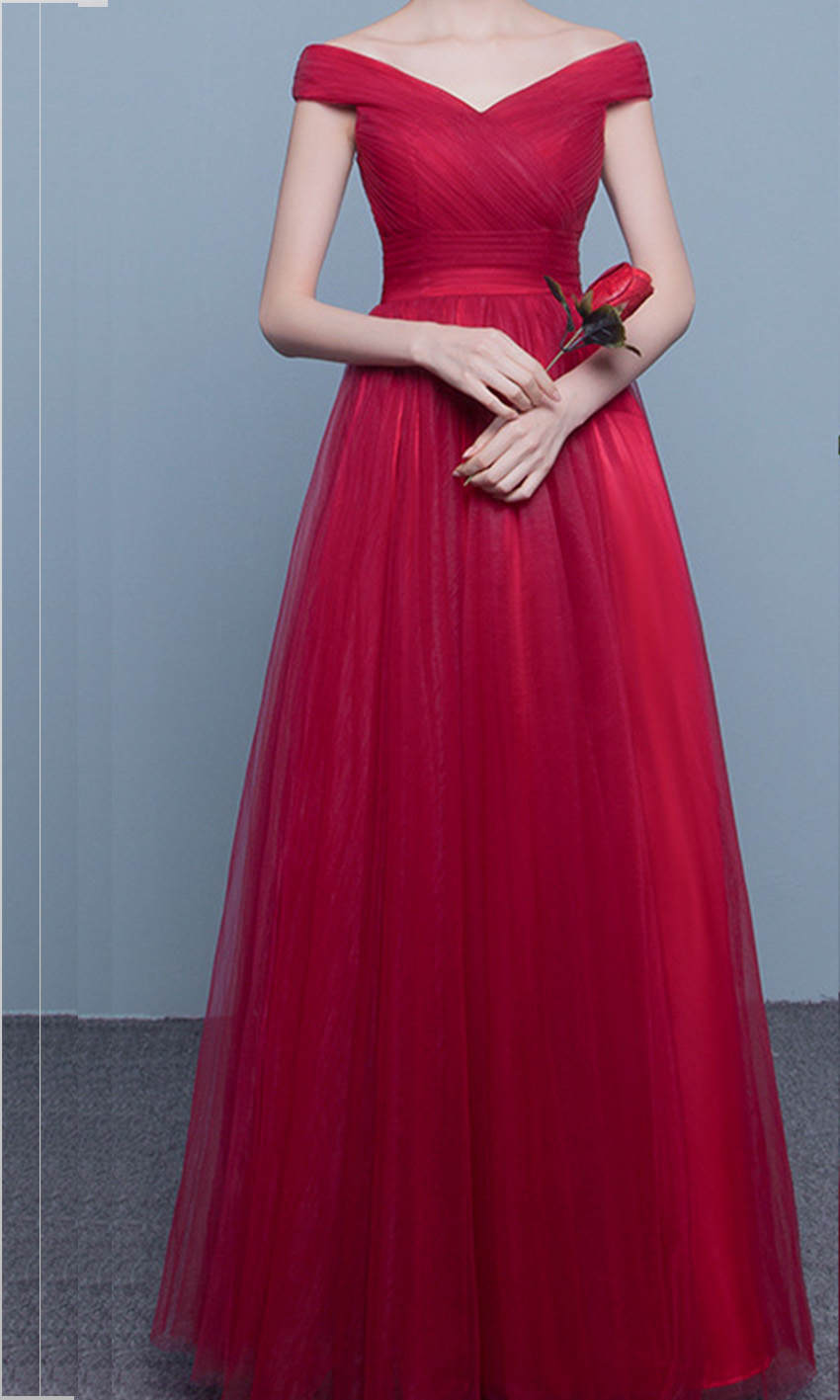 Off The Shoulder Princess Style Red Tulle Prom Dresses Lace Up Back P477 - promboutiqueonline