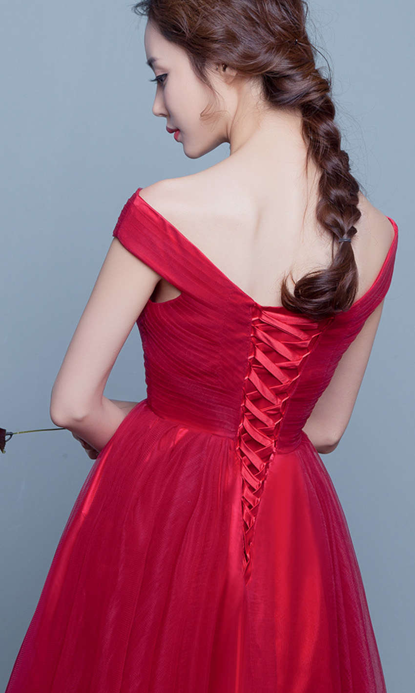 Off The Shoulder Princess Style Red Tulle Prom Dresses Lace Up Back P477 - promboutiqueonline