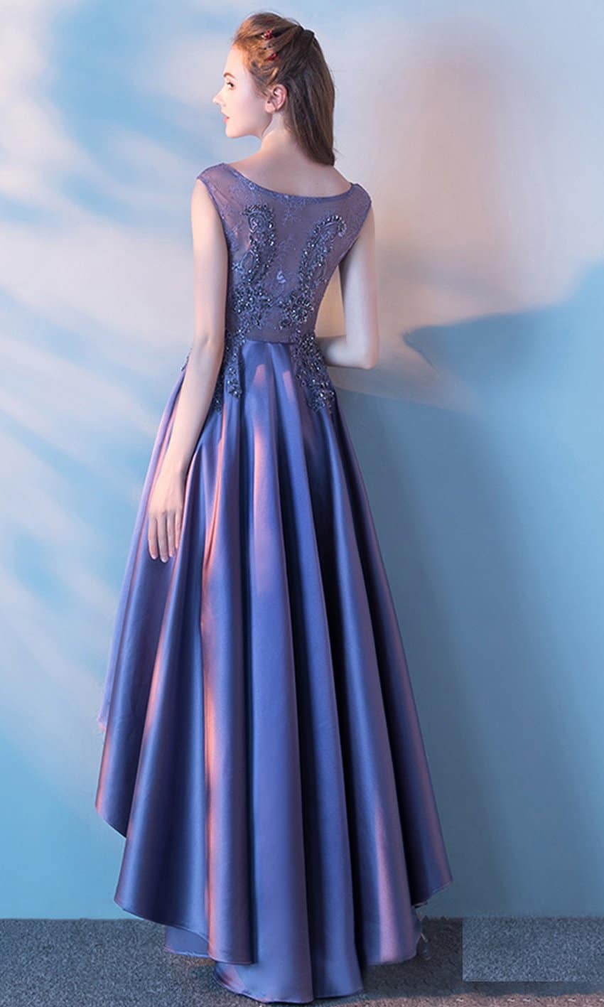 Purple  Applique Lace High Low Graduation Dresses With Scoop Neck P481 - promboutiqueonline