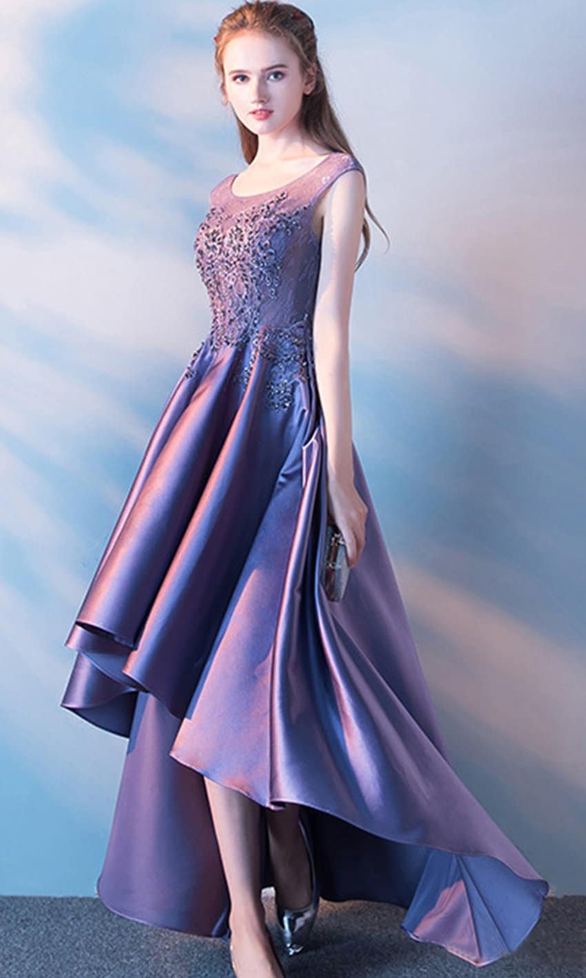 Purple  Applique Lace High Low Graduation Dresses With Scoop Neck P481 - promboutiqueonline