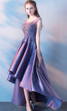 Load image into Gallery viewer, Purple  Applique Lace High Low Graduation Dresses With Scoop Neck P481