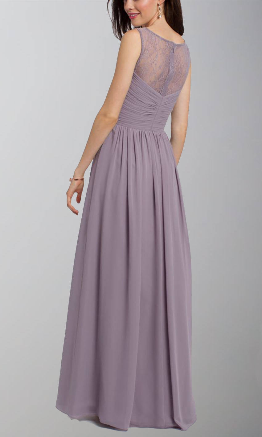 Lilac High Illusion Lace Neckline Long Pleated Chiffon Bridesmaid Dresses P484 - promboutiqueonline