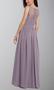 Lilac High Illusion Lace Neckline Long Pleated Chiffon Bridesmaid Dresses P484