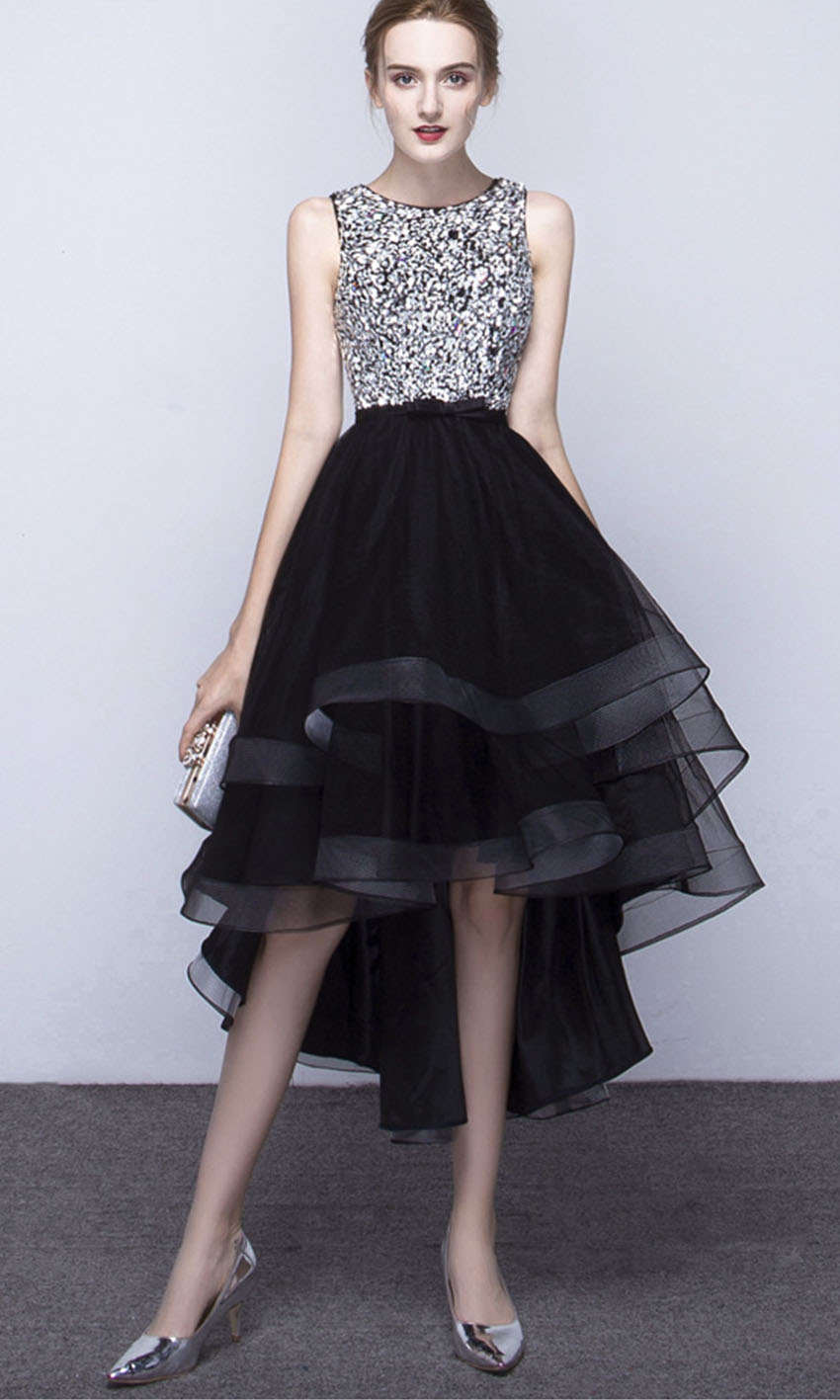 Black Sparkly High-Low Graduation Dress with Bowknot
