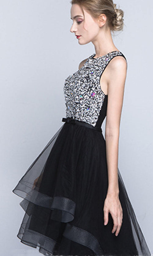 Black Sparkly High Low Tiered Layer Graduation Dresses with Bowknot P485 - promboutiqueonline