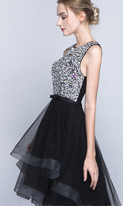 Black Sparkly High Low Tiered Layer Graduation Dresses with Bowknot P485
