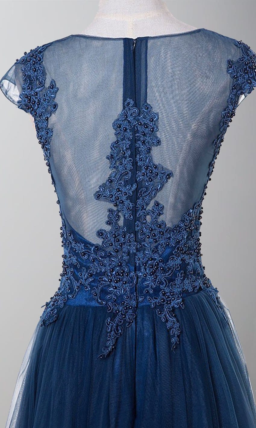 Blue Applique Lace Long Formal Prom Dresses with Cap Sleeves P486 - promboutiqueonline