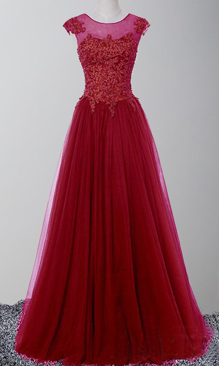 Blue Applique Lace Long Formal Prom Dresses with Cap Sleeves P486 - promboutiqueonline