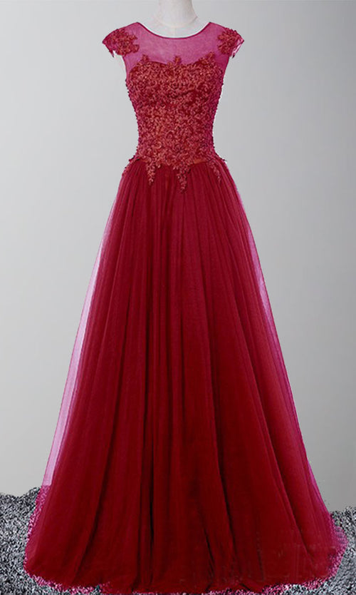 Blue Applique Lace Long Formal Prom Dresses with Cap Sleeves P486 - promboutiqueonline