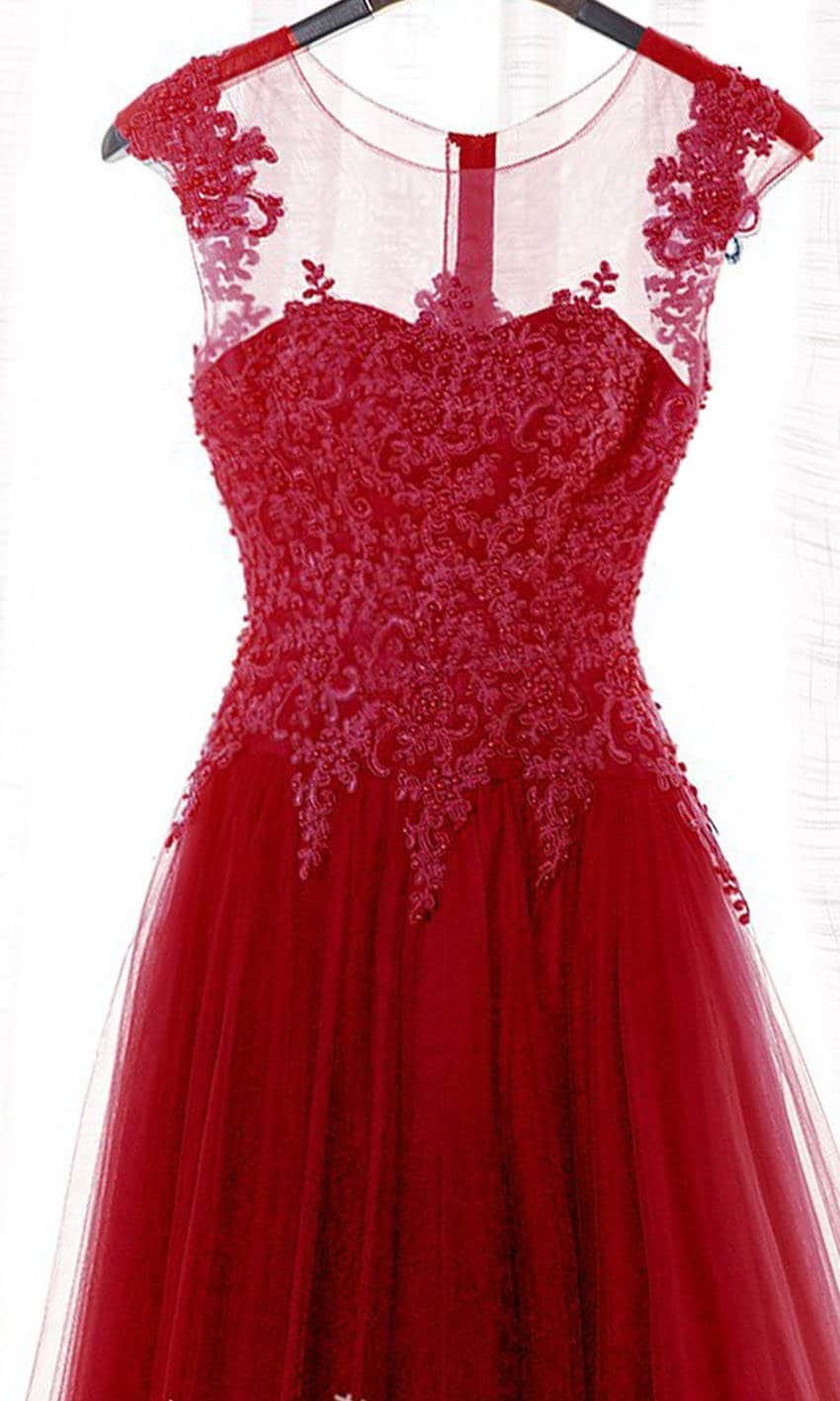 Blue Applique Lace Long Formal Prom Dresses with Cap Sleeves P486 - promboutiqueonline