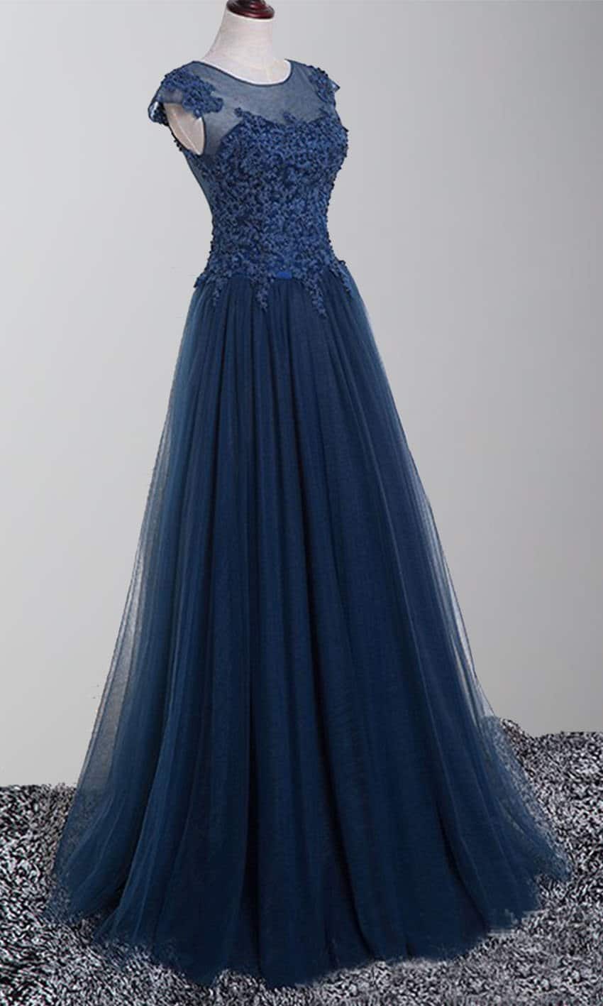 Blue Applique Lace Long Formal Prom Dresses with Cap Sleeves P486 - promboutiqueonline