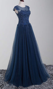Blue Applique Lace Long Formal Prom Dresses with Cap Sleeves P486