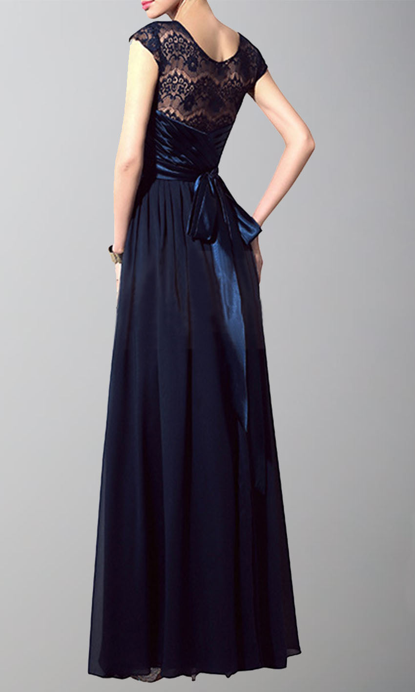 Dark Blue Button Long Lace Bridesmaid Dresses with Sash Bowknot Belt P487 - promboutiqueonline