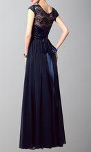 Load image into Gallery viewer, Dark Blue Button Long Lace Bridesmaid Dresses with Sash Bowknot Belt P487