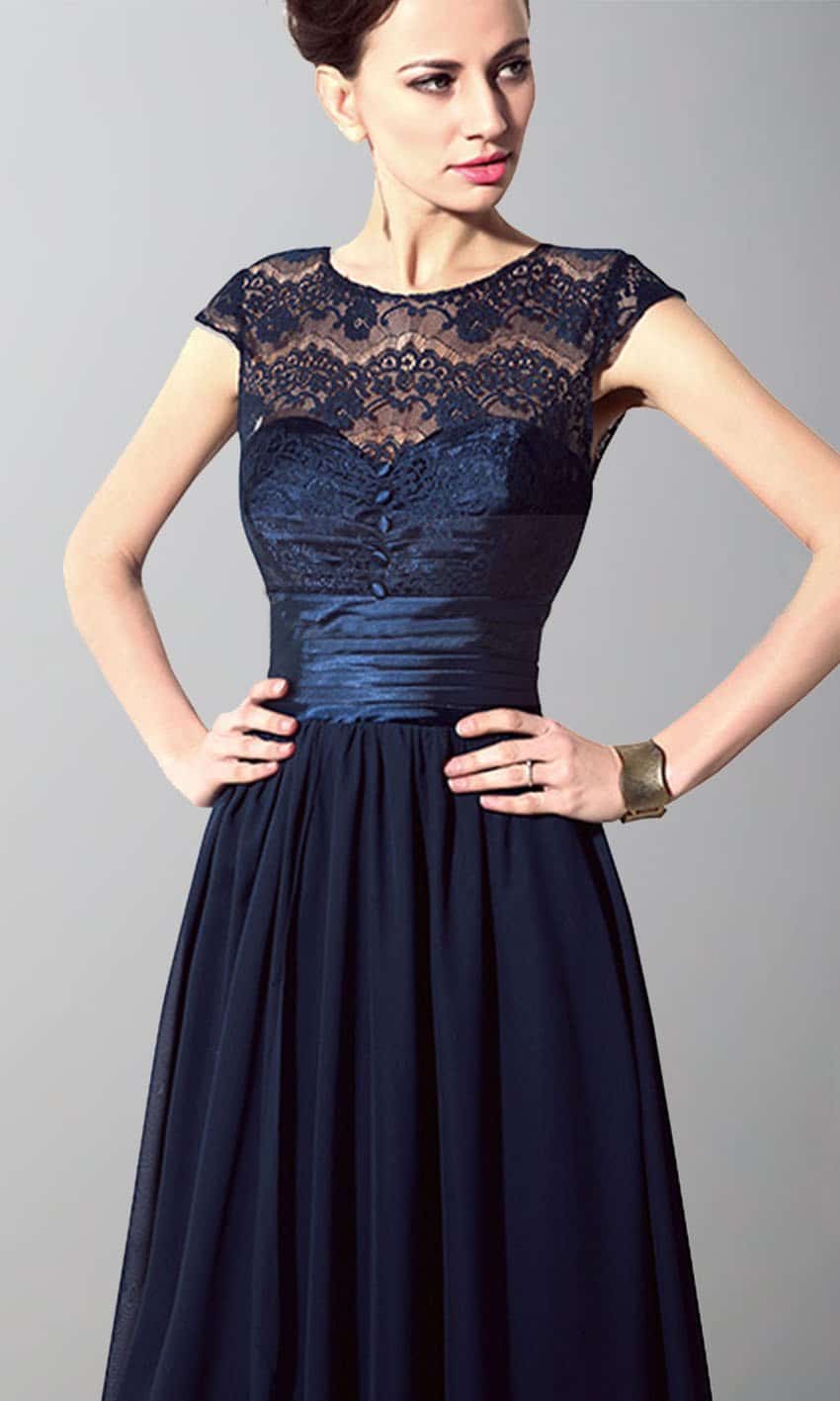 Dark Blue Button Long Lace Bridesmaid Dresses with Sash Bowknot Belt P487 - promboutiqueonline
