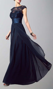 Dark Blue Button Long Lace Bridesmaid Dresses with Sash Bowknot Belt P487