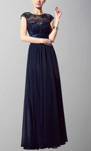 Load image into Gallery viewer, Dark Blue Button Long Lace Bridesmaid Dresses with Sash Bowknot Belt P487