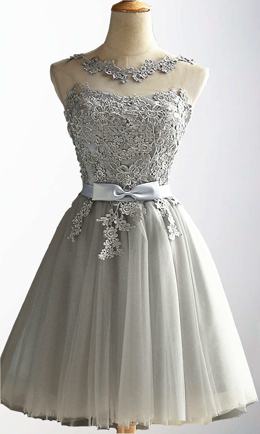 Applique Lace Short Grey Bowknot 8th Grade Prom Dresses with Lace Up Back  P488 - promboutiqueonline