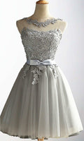 Applique Lace Short Grey Bowknot 8th Grade Prom Dresses with Lace Up Back  P488 - promboutiqueonline