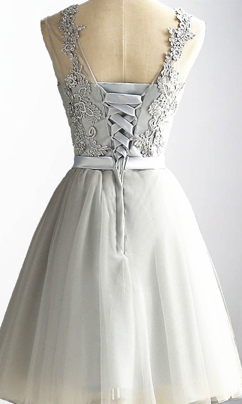 Applique Lace Short Grey Bowknot 8th Grade Prom Dresses with Lace Up Back  P488 - promboutiqueonline