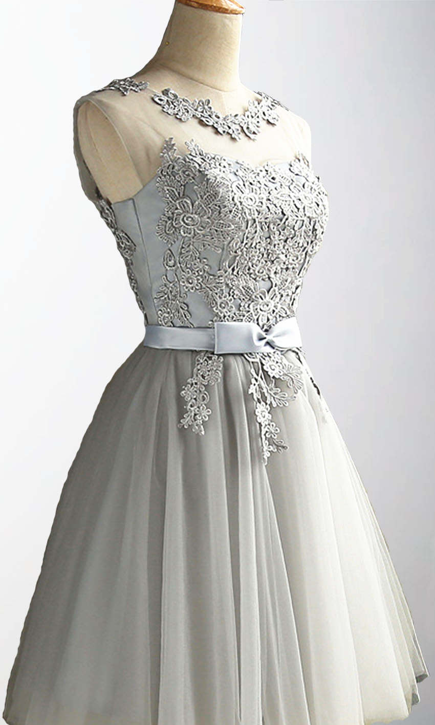 Applique Lace Short Grey Bowknot 8th Grade Prom Dresses with Lace Up Back  P488 - promboutiqueonline