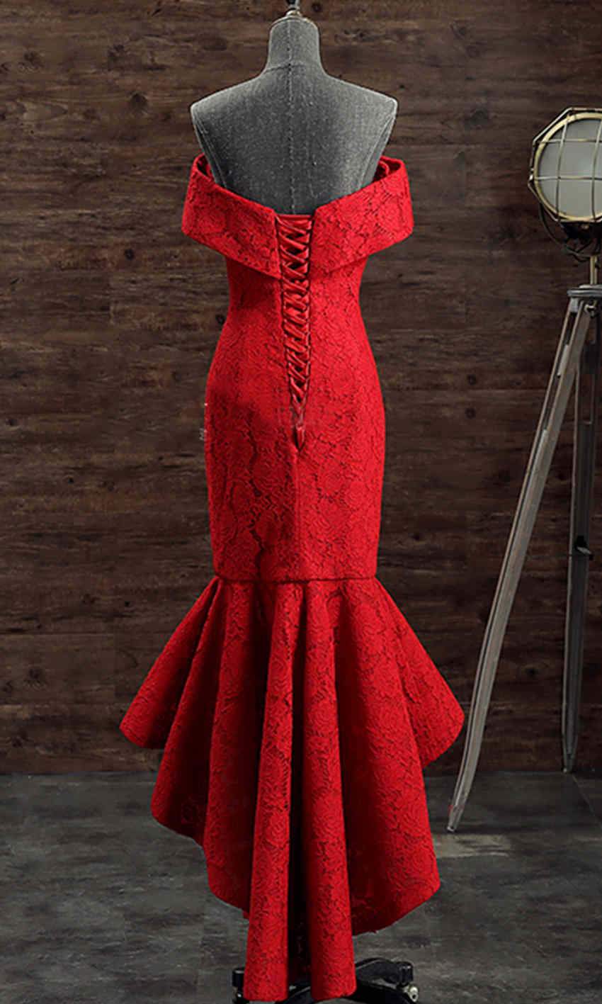 Off Shoulder Red Lace Short Mermaid Prom Dresses with Fishtail P492 - promboutiqueonline