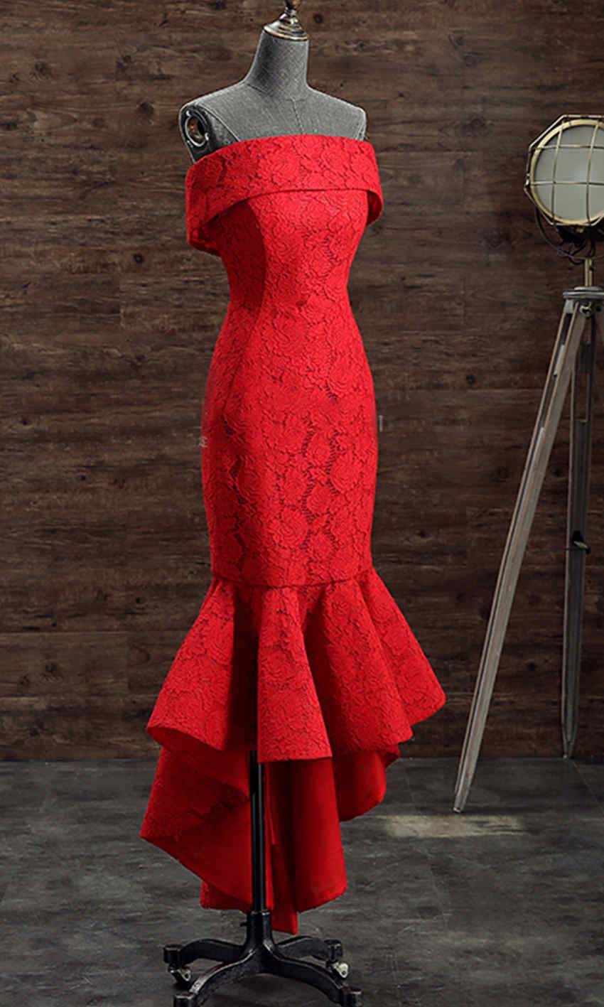 Off Shoulder Red Lace Short Mermaid Prom Dresses with Fishtail P492 - promboutiqueonline