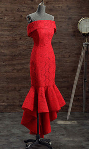 Off Shoulder Red Lace Short Mermaid Prom Dresses with Fishtail P492