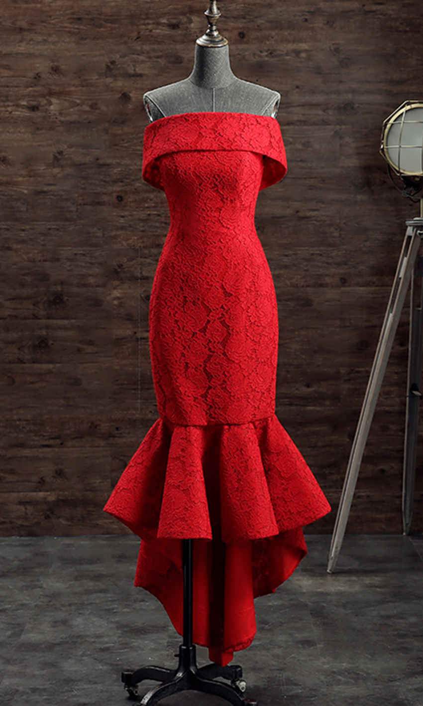 Off Shoulder Red Lace Short Mermaid Prom Dresses with Fishtail P492 - promboutiqueonline